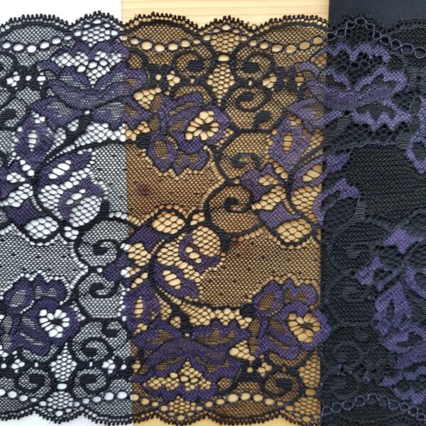 Elastische Spitze, Rosen, schwarz mit violet – Bild 2