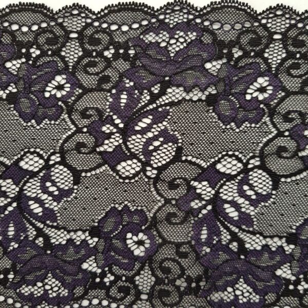 Elastische Spitze, Rosen, schwarz mit violet