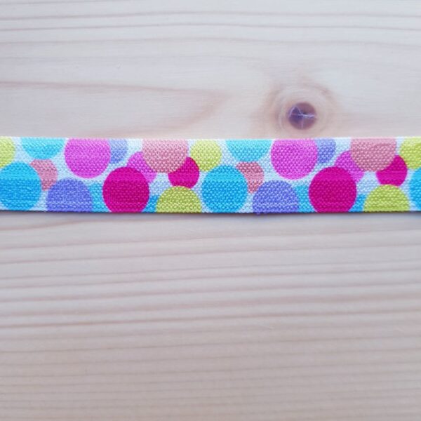 Weiches Faltgummi, elastisches Einfassband, 16 mm, weiss mit bunten Punkten